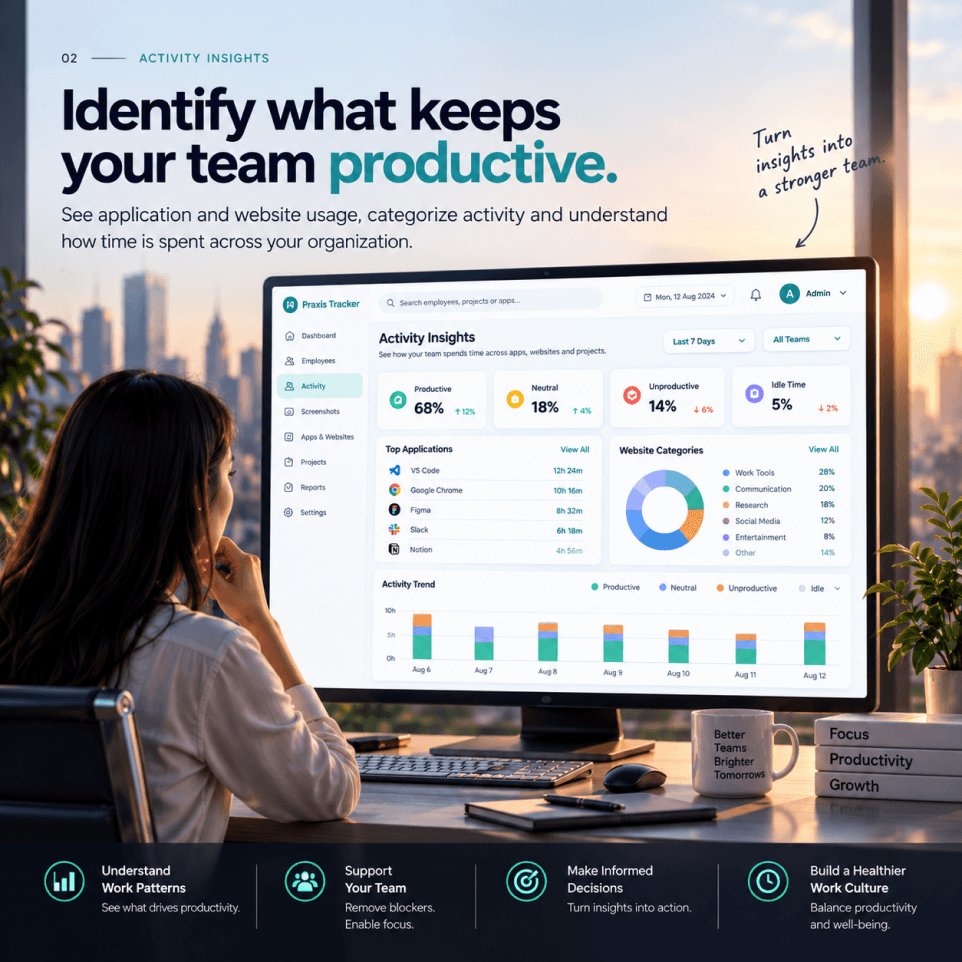 Activity insights screen with application usage and website categories.