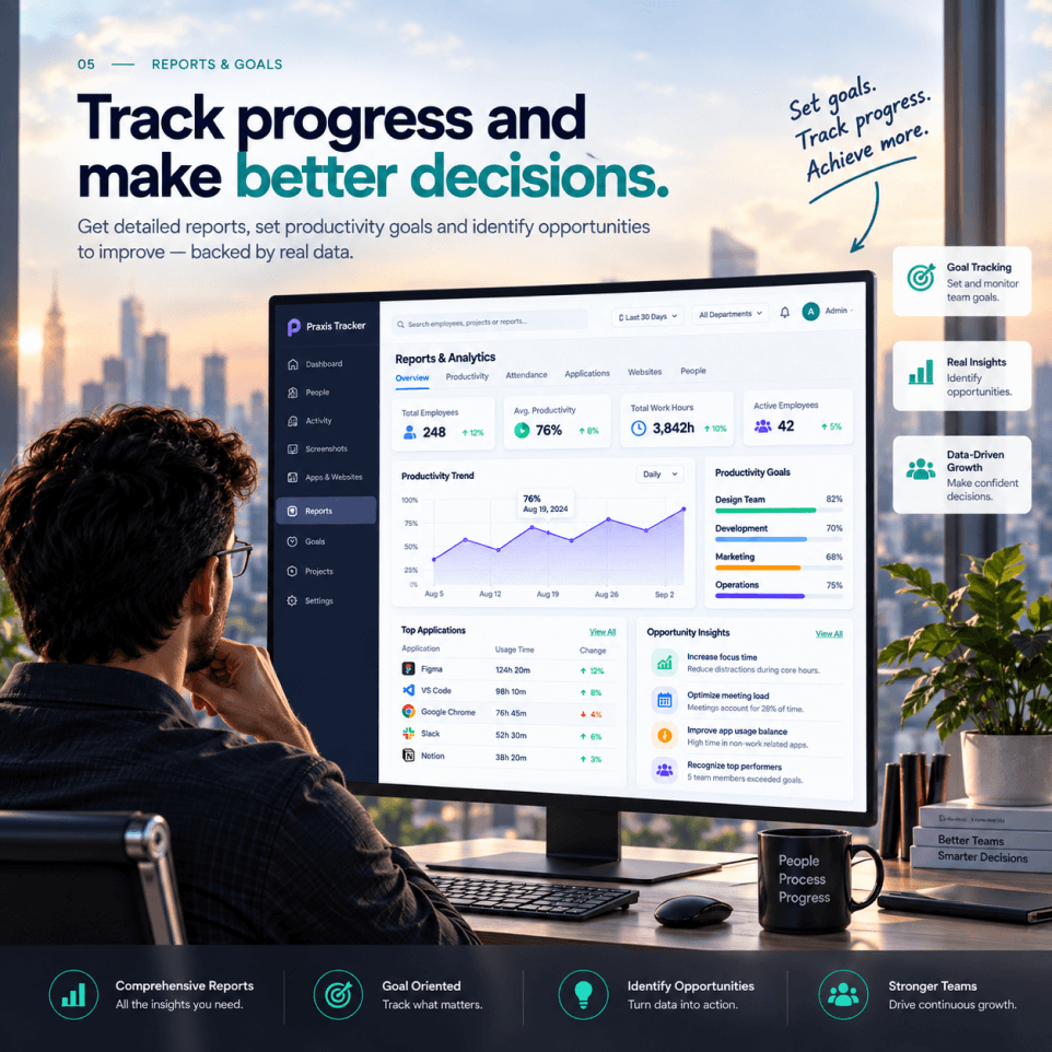 Reports and analytics screen with productivity trend and team goals.